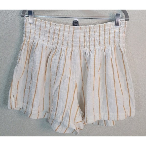 Madewell Smocked Gauze Shorts XL White Mustard Stripe Pull On Summer - Picture 3 of 4